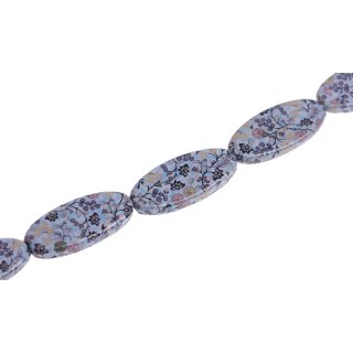 Schmuck Perlen Papier beschichtet floral design blue-white long oval / 38x16mm.