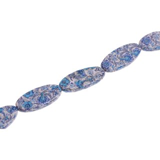 Papercoated Beads floral design blue-white long oval / 38x16mm.