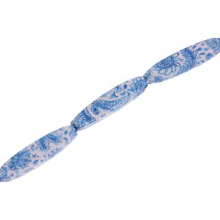 Papercoated Beads floral design blue-white long oval / 40x10mm.