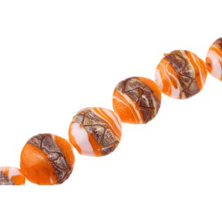 Glass Beads Shiny w design Orange flat oval / 30mm / 14pcs.