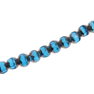 Glass Beads Shiny  w design silver blue round / 8mm / 41pcs.