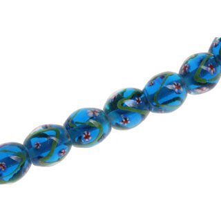 Glass Beads Shiny w Flower design  Palace blue oval / 20mm / 21pcs.