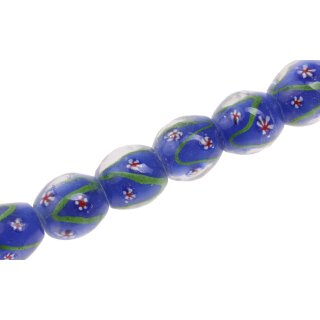 Glass Beads Shiny w Flower design –Classic Blue oval / 20mm / 21pcs.