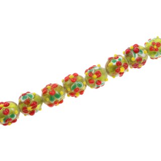 Glass Beads Shiny w Flower design green red yellow round / 13mm / 35pcs.