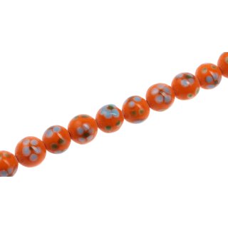 Glass Beads Shiny w Flower design orange green round / 11mm / 33pcs.