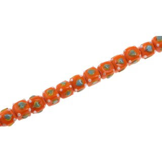 Glass Beads Shiny w Flower design orange green dice / 10mm / 42pcs.