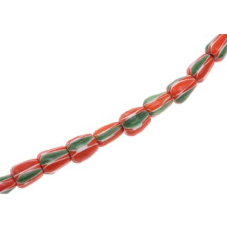 Glass Chevron beads green white orange teardrops / 10mm / 40pcs.