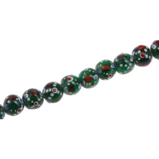 Glass Beads Shiny w Flower design green white red round / 10mm / 37pcs.