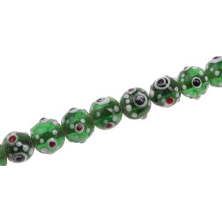 Glass Beads Shiny w Flower design green white red round / 12mm / 34pcs.