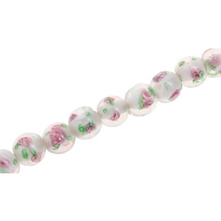 Glass Beads Shiny w Flower design green white pink round / 12mm / 36pcs.