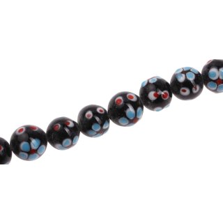 Glass Beads Shiny w Flower design black blue round / 12mm / 37pcs.