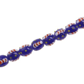 Glass Beads Shiny w design blue white red oval / 14mm / 32pcs.