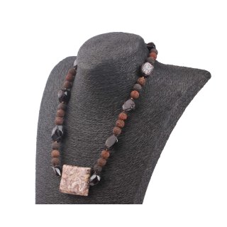 Necklace Red Leopard Square 45x35mm, Brown Lava Stone 10mm / 53 cm