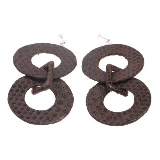 Watersnake Leather Earrings,925 Sterling Silver,Chocolate,Double flat ring 60mm