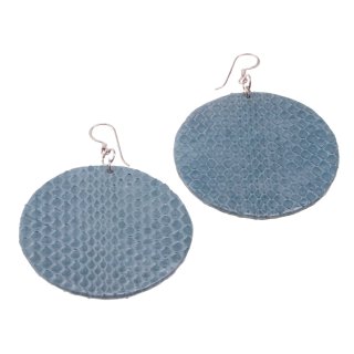 Watersnake Leather Earrings,925 Sterling Silver,Blue,Flat Round 50x2mm