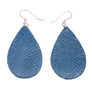 Watersnake Leather Earrings,925 Sterling Silver,Blue,Teardrop 55x2mm