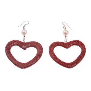 Watersnake Leather Earrings,925 Sterling Silver,Pearl,Dark Red,Heart 43mm