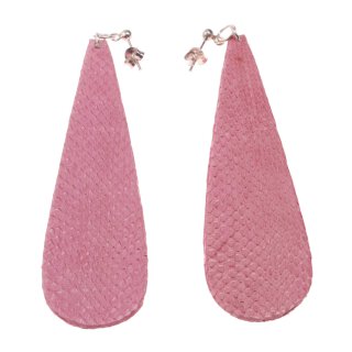 Watersnake Leather Earrings,925 Sterling Silver,Pink,Long Teardrop 82x20x2mm