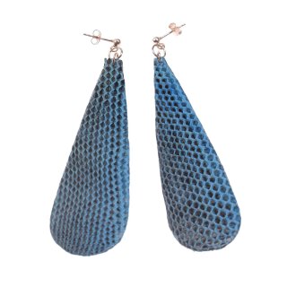 Watersnake Leather Earrings,925 Sterling Silver,Blue,Long Teardrop 82x20x2mm