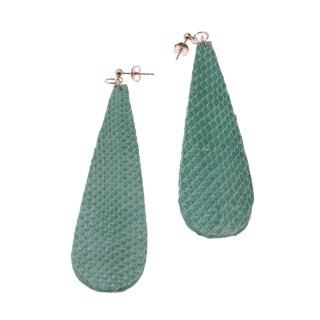 Watersnake Leather Earrings,925 Sterling Silver,Green,Long Teardrop 82x20x2mm