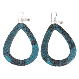 Python Leather Earrings,925 Sterling Silver,Blue Shiny,Teardrop 70mm