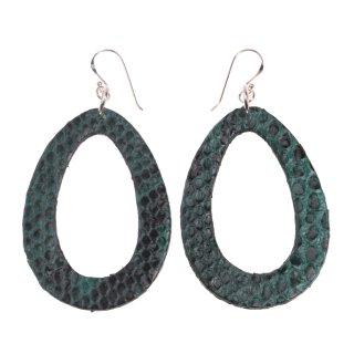 Python Leather Earrings,925 Sterling Silver,Green Shiny,Teardrop 65mm