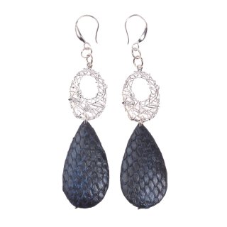 Python Leather Earrings,925 Sterling Silver with stone,Metallic Blue,Teardrop 38mm