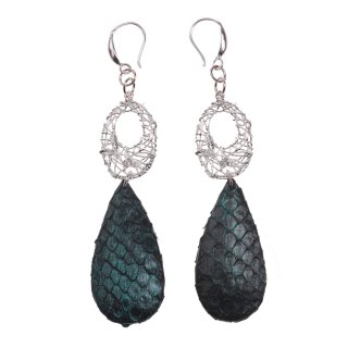 Python Leather Earrings,925 Sterling Silver with stone,Metallic Green,Teardrop 38mm