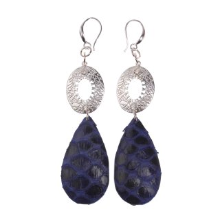 Python Leather Earrings,925 Sterling Silver with stone,Blue,Teardrop 38mm