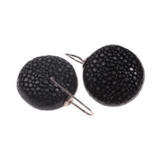 Stingray Leather Flat Round Black Polished Earrings,925 Sterling Silver 25mm