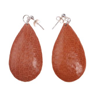 Earrings made of Watersnake Leather Flat Teardrops,Orange Shiny,925 Silver 40mm