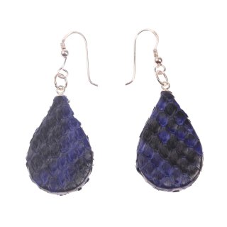 Earrings made of Python Leather Flat Teardrops,Navy Blue Shiny,925 Silver 32mm
