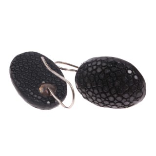 Stingray Leather Cabochon Cut Black Polished Earrings,925 Sterling Silver 26mm