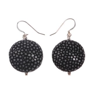 Stingray Leather Ufo Flat Round Black Polished Earrings,925 Sterling Silver 25mm