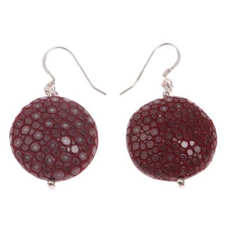 Stingray Leather Ufo Flat Round Ruby Wine Polished Earrings,925 Sterling Silver 25mm