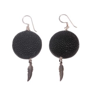 Stingray Leather Ufo Flat Round Black Unpolished Earrings,925 Sterling Silver 25mm