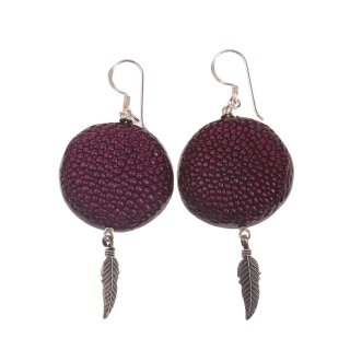 Stingray Leather Ufo Flat Round Grape Juice Unpolished Earrings,925 Sterling Silver 25mm