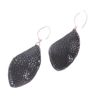 Stingray Leather Twisted Leaf Black Polished Earrings,925 Sterling Silver 60mm
