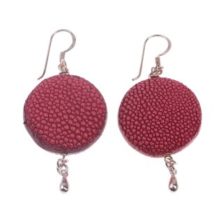Stingray Leather Ufo Flat Round Pink Flambe Unpolished Earrings,925 Sterling Silver 25mm