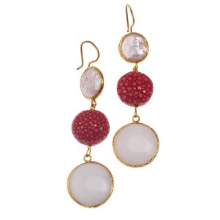 Stingray Leather Flat Round,Rouge Red Polished,Pearl and Stone agate White coated with Brass Gold Plated 76mm
