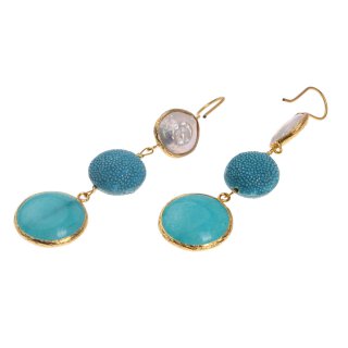 Stingray Leather Flat Round,Peacock Blue Polished,Pearl and Stone agate coated with Brass Gold Plated 76mm