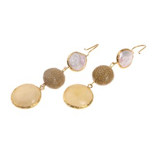 Stingray Leather Flat Round,Beige Polished,Pearl and Stone agate coated with Brass Gold Plated 76mm