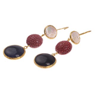 Stingray Leather Flat Round,Burgundy Polished,Pearl and Stone Agate Navy Blue coated with Brass Gold Plated 76mm