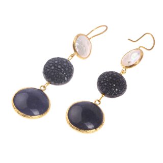 Rochenleder Ohrringe Flat Round,Navy Blue Polished,Pearl and Stone Agate coated with Brass Gold Plated 76mm