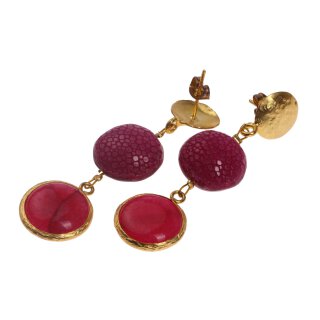 Stingray Leather Flat Round,Fuschia Polished, Stone Agate coated with Brass Gold Plated 56mm