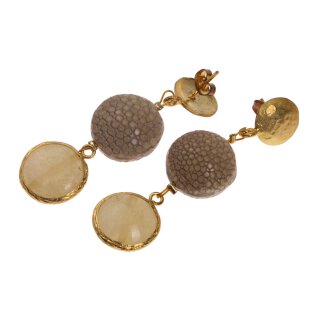 Rochenleder Ohrringe Flat Round,Beige Polished, Stone Agate coated with Brass Gold Plated 56mm