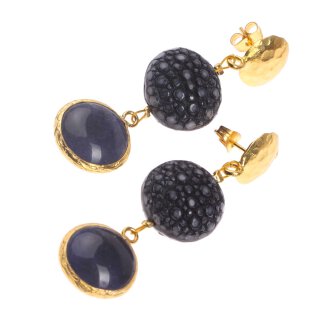 Stingray Leather Flat Round,Navy Blue Polished, Stone Agate coated with Brass Gold Plated 56mm