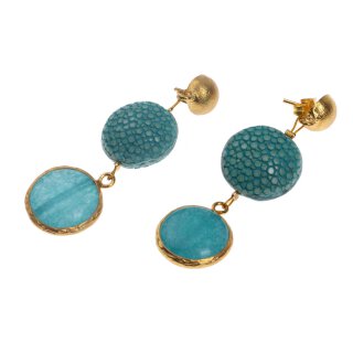 Stingray Leather Flat Round,Blue Turquoise Polished, Stone Agate coated with Brass Gold Plated 56mm