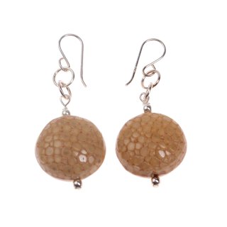 Earrings made of Stingray Leather Ufo Flat Round 17mm,Beige,Polished,925 Sterling Silver
