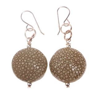 Earrings made of Stingray Leather Ufo Flat Round 17mm,Beige Polished,925 Sterling Silver